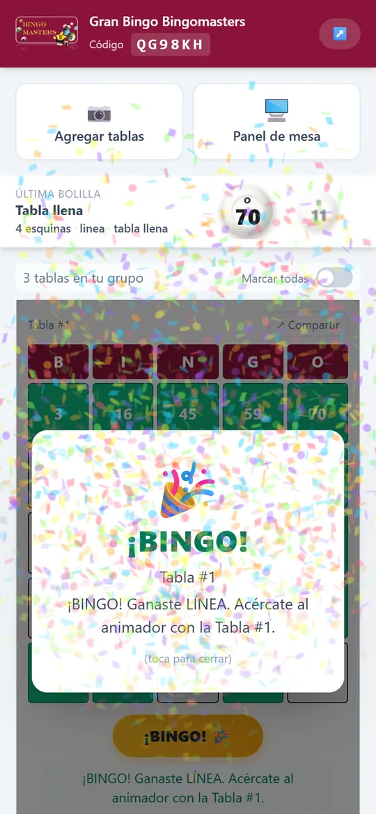 Pantalla del celular: ¡BINGO! Ganaste LÍNEA con la Tabla #1
